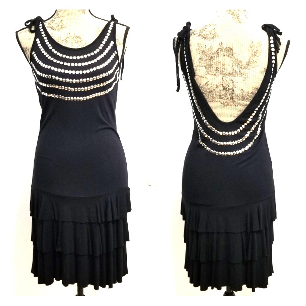 Black and silver sequin ruffle bottom dress